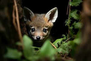 ein Baby Fuchs spähen aus von hinter ein Baum generativ ai foto