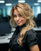 ein schön blond Frau im ein schwarz Hemd Sitzung beim ein Schreibtisch generativ ai foto