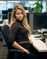 ein schön blond Frau Sitzung beim ein Schreibtisch im ein Büro generativ ai foto