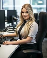 ein schön blond Frau Sitzung beim ein Schreibtisch im Vorderseite von ein Computer generativ ai foto