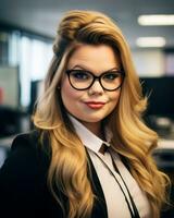 ein schön blond Frau tragen Brille im ein Büro generativ ai foto