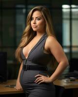 ein schön schwanger Frau im ein Geschäft passen posieren zum das Kamera generativ ai foto