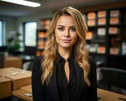 ein schön jung Frau im ein Büro mit Kisten im das Hintergrund generativ ai foto