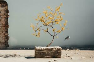 ein Vogel ist Sitzung auf oben von ein Baum im Vorderseite von ein Backstein Mauer generativ ai foto