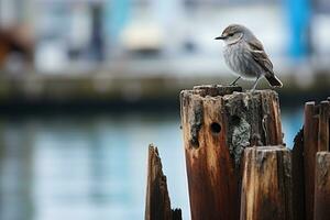 ein Vogel thront auf ein hölzern Post im Vorderseite von ein Körper von Wasser generativ ai foto