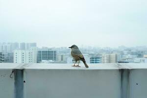 ein Vogel Sitzung auf ein Leiste im Vorderseite von ein Stadt generativ ai foto