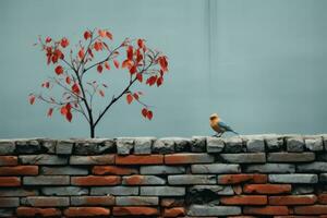 ein Vogel Sitzung auf ein Backstein Mauer mit ein Baum im das Hintergrund generativ ai foto