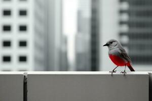 ein Vogel Sitzung auf ein Leiste im Vorderseite von hoch Gebäude generativ ai foto