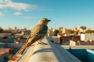 ein Vogel Sitzung auf ein Dach generativ ai foto