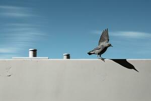 ein Vogel Sitzung auf ein Mauer mit ein Blau Himmel im das Hintergrund generativ ai foto