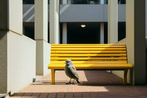 ein Vogel Sitzung auf ein Gelb Bank im Vorderseite von ein Gebäude generativ ai foto