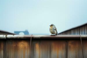 ein Vogel Sitzung auf oben von ein Metall Dach generativ ai foto