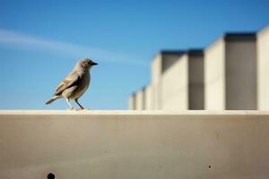 ein Vogel Stehen auf ein Leiste mit ein Gebäude im das Hintergrund generativ ai foto