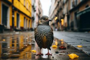 ein Vogel Stehen auf ein nass Straße im ein Stadt generativ ai foto