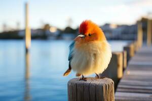 ein Vogel mit ein Mohawk Stehen auf ein hölzern Post generativ ai foto