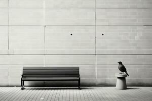 ein schwarz und Weiß Foto von ein Bank und ein Vogel generativ ai