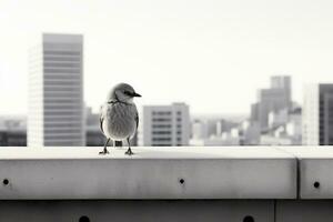 ein schwarz und Weiß Foto von ein Vogel auf ein Leiste generativ ai