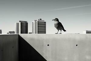 ein schwarz und Weiß Foto von ein Vogel auf ein Leiste generativ ai