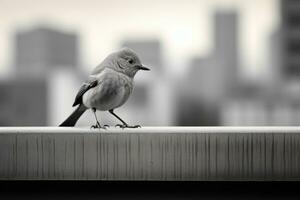 ein schwarz und Weiß Foto von ein Vogel auf ein Leiste generativ ai