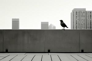 ein schwarz und Weiß Foto von ein Vogel Sitzung auf ein Leiste generativ ai