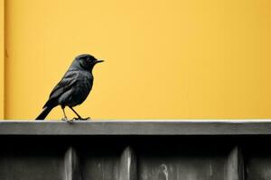 ein schwarz und Weiß Foto von ein Vogel Sitzung auf ein Leiste generativ ai