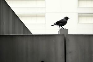 ein schwarz und Weiß Foto von ein Vogel Sitzung auf ein Leiste generativ ai