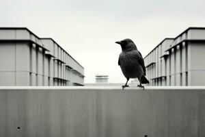 ein schwarz und Weiß Foto von ein Vogel Stehen auf ein Leiste generativ ai