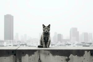 ein schwarz und Weiß Foto von ein Katze Sitzung auf ein Leiste generativ ai