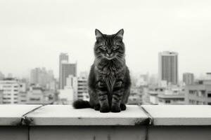 ein schwarz und Weiß Foto von ein Katze Sitzung auf ein Leiste generativ ai