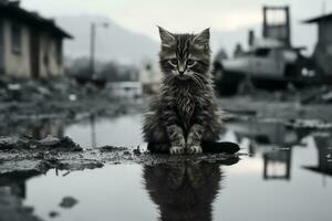 ein schwarz und Weiß Foto von ein Katze Sitzung auf das Boden generativ ai