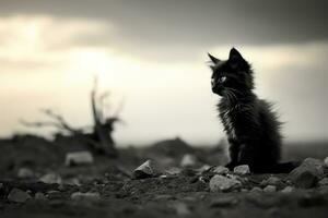 ein schwarz und Weiß Foto von ein Katze Sitzung auf das Boden generativ ai