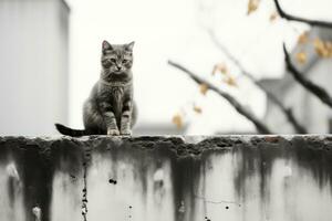 ein schwarz und Weiß Foto von ein Katze Sitzung auf oben von ein Mauer generativ ai