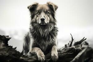 ein schwarz und Weiß Foto von ein Hund Sitzung auf ein Log generativ ai