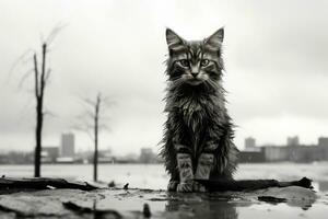 ein schwarz und Weiß Foto von ein nass Katze generativ ai