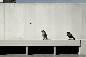 ein schwarz und Weiß Foto von zwei Vögel Sitzung auf ein Bank generativ ai