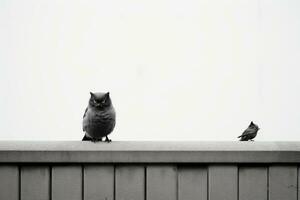 ein schwarz und Weiß Foto von zwei Vögel Sitzung auf ein Leiste generativ ai