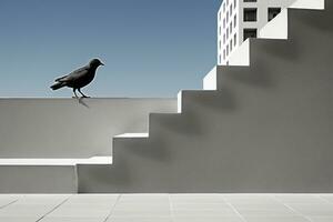 ein schwarz Vogel Sitzung auf das Kante von ein einstellen von Treppe generativ ai foto
