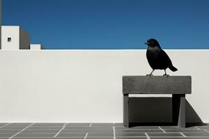 ein schwarz Vogel Sitzung auf oben von ein Beton Bank generativ ai foto