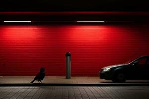 ein schwarz Auto geparkt im Vorderseite von ein rot Mauer generativ ai foto