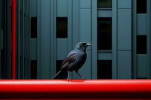 ein schwarz Vogel Stehen auf ein rot Geländer im Vorderseite von ein Gebäude generativ ai foto
