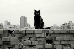 ein schwarz Katze Sitzung auf oben von ein Stapel von Ziegel generativ ai foto