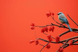 ein Blau Vogel thront auf ein Ast mit rot Blumen generativ ai foto