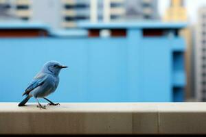 ein Blau Vogel Sitzung auf ein Leiste generativ ai foto