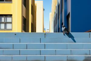 ein Blau Mauer mit ein Vogel Sitzung auf es generativ ai foto