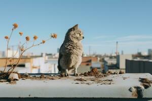 ein Katze ist Stehen auf oben von ein Gebäude generativ ai foto