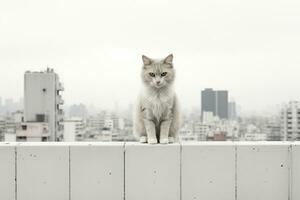 ein Katze Sitzung auf ein Leiste mit Blick auf ein Stadt generativ ai foto