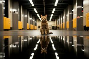 ein Katze Sitzung auf das Fußboden im ein leeren Zimmer generativ ai foto
