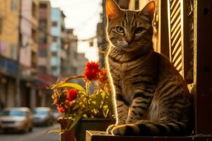 ein Katze Sitzung auf ein Fenster Schwelle generativ ai foto