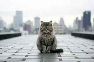 ein Katze Sitzung auf das Boden im Vorderseite von ein Stadt Horizont generativ ai foto