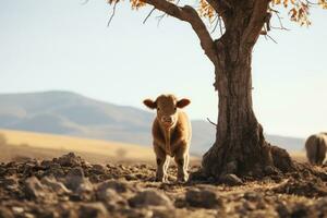 ein Kuh Stehen Nächster zu ein Baum im ein Feld generativ ai foto